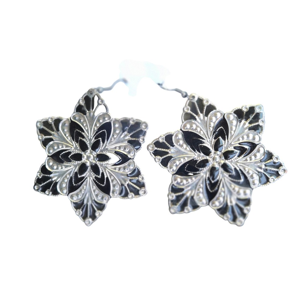 Silver Tone Black Enamel Star Filigree Drop Earrings Statement Jewelry